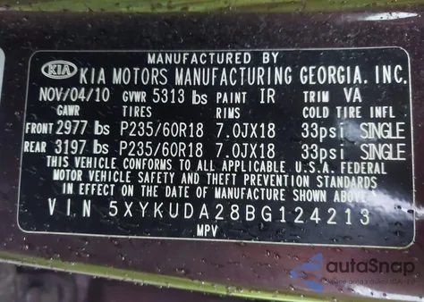 2011 Kia Sorento Ex V6 z USA, uszkodzony, nr VIN 5XYKUDA28BG124213